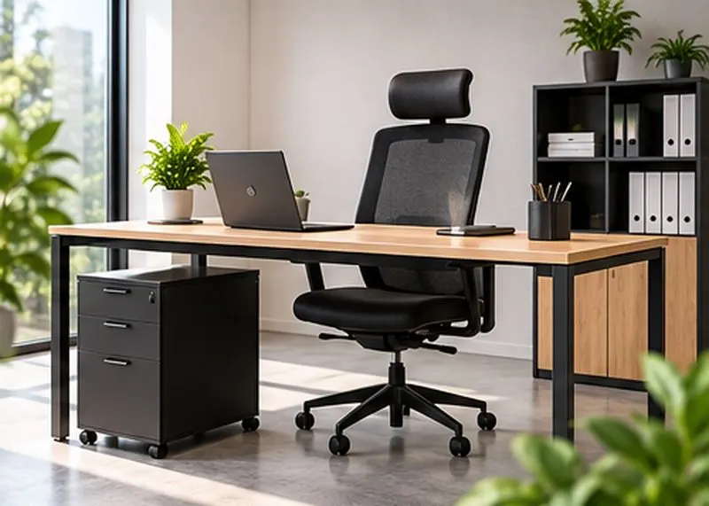 Poste de travail simple avec bureau et caisson